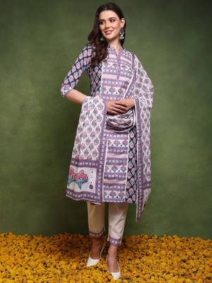 women multi pure cotton ethnic motifs printed straight kurta trouser with dupatta 1