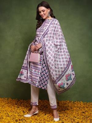women multi pure cotton ethnic motifs printed straight kurta trouser with dupatta 3
