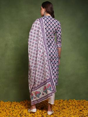women multi pure cotton ethnic motifs printed straight kurta trouser with dupatta 4