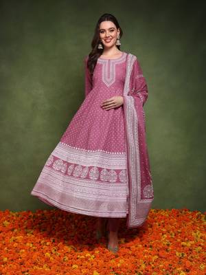 women mauve pure cotton ethnic motifs printed anarkali kurta trouser with dupatta 1