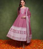 women mauve pure cotton ethnic motifs printed anarkali kurta trouser with dupatta
