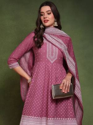 women mauve pure cotton ethnic motifs printed anarkali kurta trouser with dupatta 2