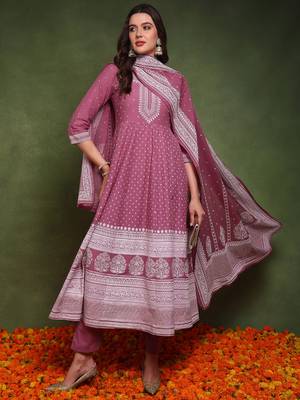 women mauve pure cotton ethnic motifs printed anarkali kurta trouser with dupatta 3