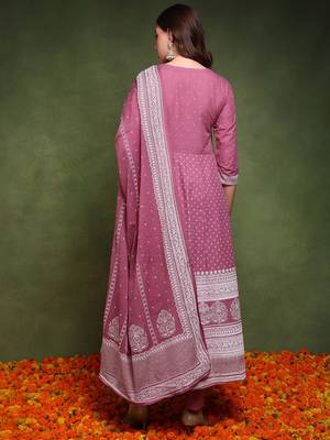 women mauve pure cotton ethnic motifs printed anarkali kurta trouser with dupatta 4