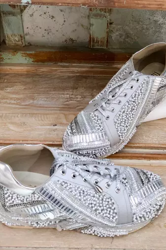 Poppy- silver-grey bridal sneaker platform wedges