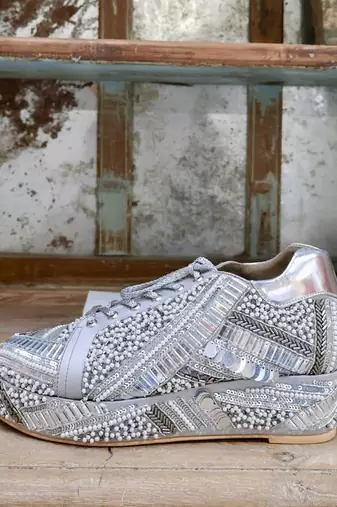 Poppy- silver-grey bridal sneaker platform wedges
