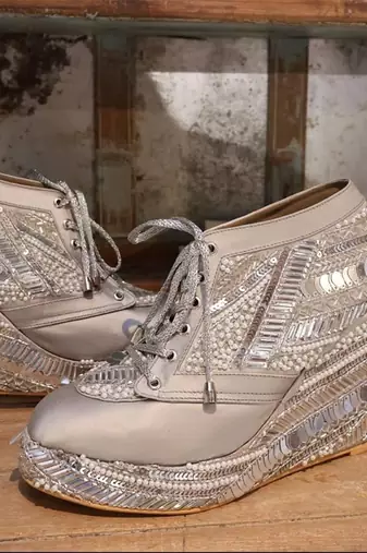 Poppy- silver embroidered sneaker wedges