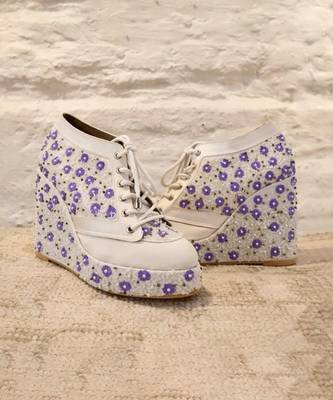 White with lavender flowers embroidered sneaker wedges 1