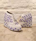 White with lavender flowers embroidered sneaker wedges
