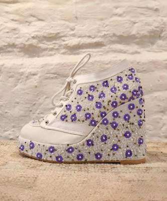White with lavender flowers embroidered sneaker wedges 2