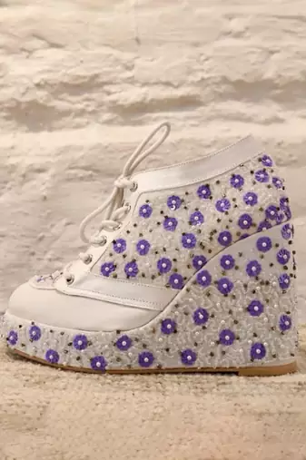 White with lavender flowers embroidered sneaker wedges