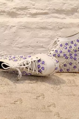White with lavender flowers embroidered sneaker wedges