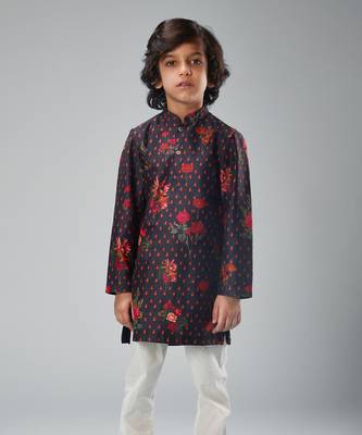 Black chanderi printed red roses kurta set 1
