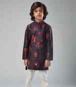 Black chanderi printed red roses kurta set