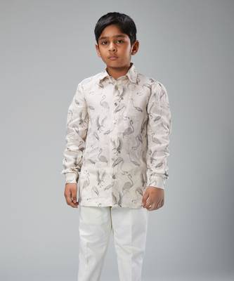 Ivory linen printed swan shirt 1