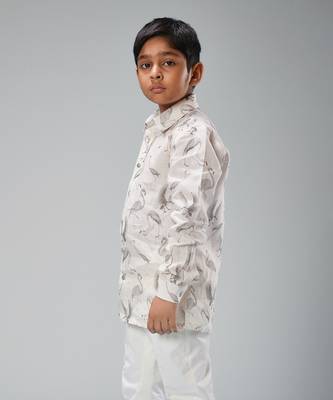 Ivory linen printed swan shirt 2
