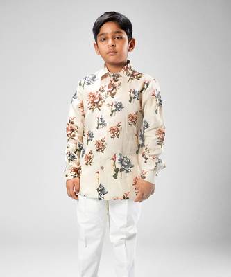 Ivory linen big flower printed shirt 1