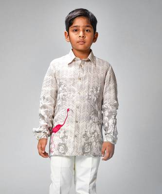 Ivory chanderi swan printed shirt 1
