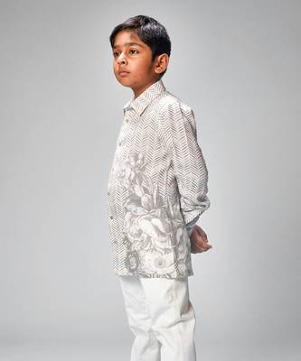 Ivory chanderi swan printed shirt 2