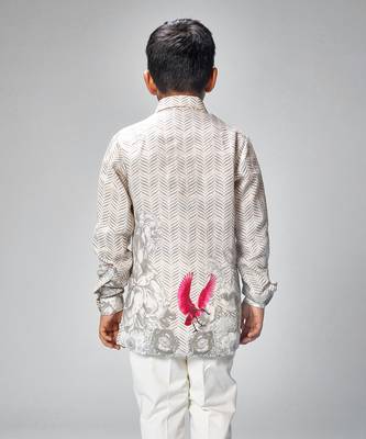 Ivory chanderi swan printed shirt 3