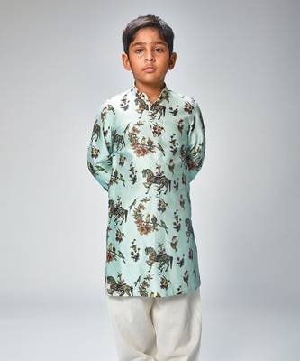 Aqua chanderi horse printed kurta pajama 1