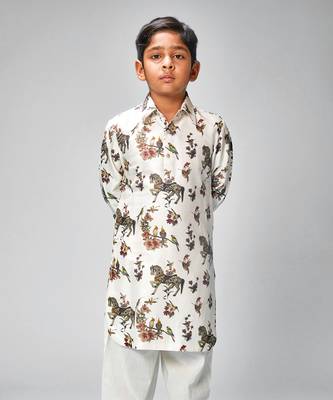 Ivory chanderi horse printed kurta pajama set 1