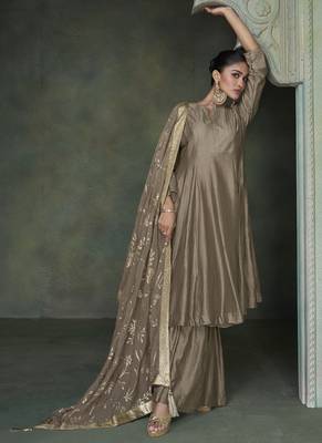 Beige pure silk embroidery party wear salwar suit 1