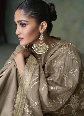 Beige pure silk embroidery party wear salwar suit 4