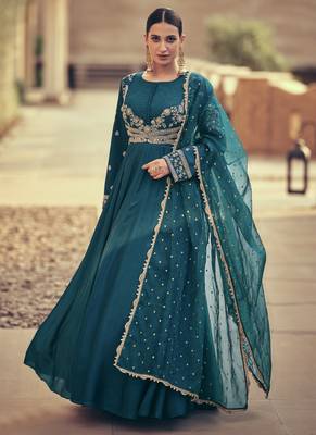 Teal green silk embroidery party wear salwar suit 1