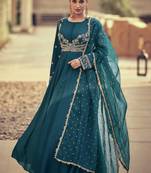 Teal green silk embroidery party wear salwar suit