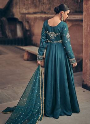 Teal green silk embroidery party wear salwar suit 2