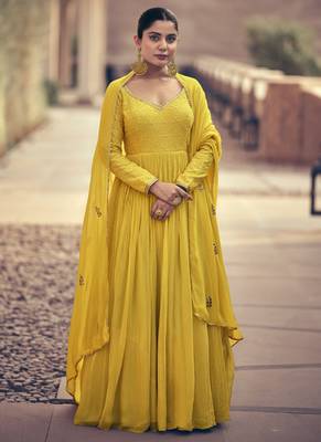 Yellow georgette embroidery party wear salwar suit 1