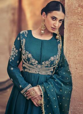 Teal green silk embroidery party wear salwar suit 3