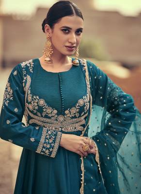 Teal green silk embroidery party wear salwar suit 4