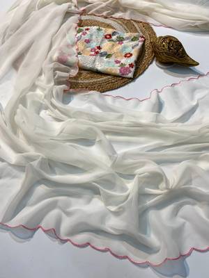 White saree with unstitched blouse 1