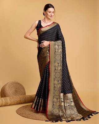 Black Woven Faux Kanchipuram Zari Silk saree With Blouse Piece 1