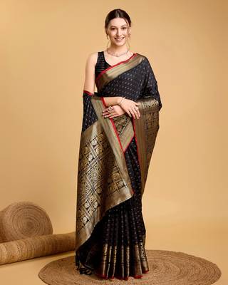 Black Woven Faux Kanchipuram Zari Silk saree With Blouse Piece 2