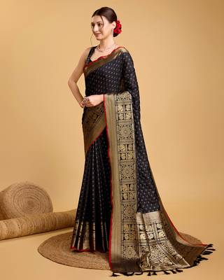 Black Woven Faux Kanchipuram Zari Silk saree With Blouse Piece 3