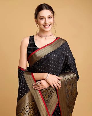 Black Woven Faux Kanchipuram Zari Silk saree With Blouse Piece 4