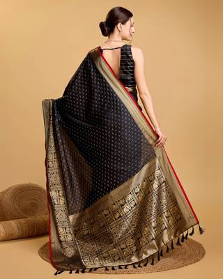Black Woven Faux Kanchipuram Zari Silk saree With Blouse Piece 5