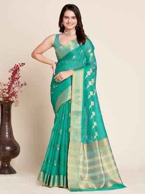 Rama Green Woven Kota Doria Cotton Silk saree With Blouse Piece 1