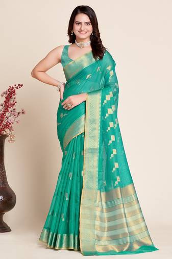 Rama Green Woven Kota Doria Cotton Silk saree With Blouse Piece