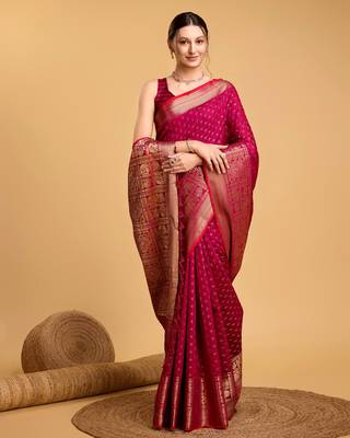Dark Pink Woven Faux Kanchipuram Zari Silk saree With Blouse Piece 2
