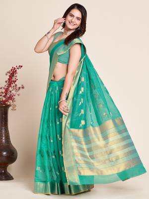 Rama Green Woven Kota Doria Cotton Silk saree With Blouse Piece 2