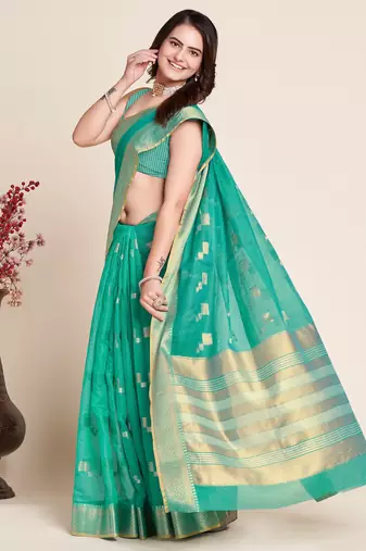 Rama Green Woven Kota Doria Cotton Silk saree With Blouse Piece