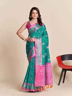 Rama Green Woven Patola Silk Blend Saree With Blouse Piece 1