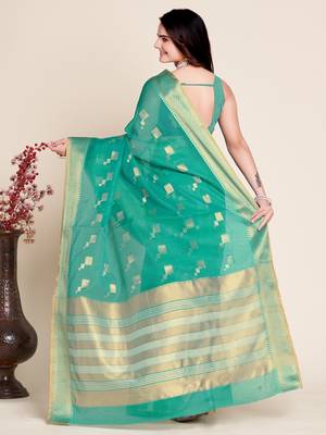 Rama Green Woven Kota Doria Cotton Silk saree With Blouse Piece 3