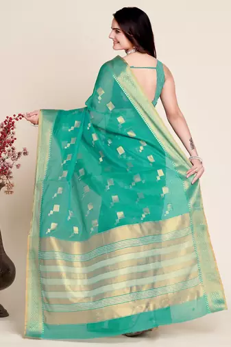 Rama Green Woven Kota Doria Cotton Silk saree With Blouse Piece
