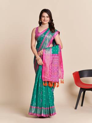 Rama Green Woven Patola Silk Blend Saree With Blouse Piece 2
