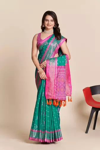 Rama Green Woven Patola Silk Blend Saree With Blouse Piece